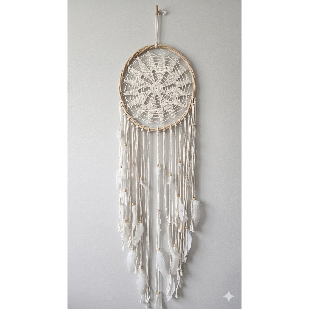 Boho Crochet Dream Catcher Wall Hanging with Wood Beads and Feathers Off-White